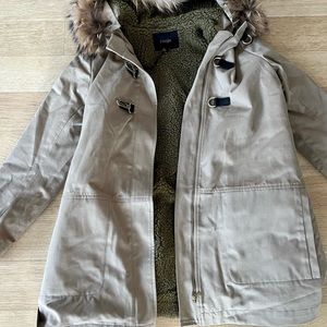 Maje cotton twill fully lined parka with removable fur trim hood